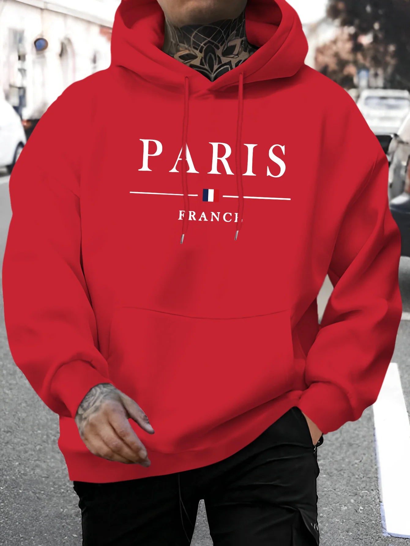 Men's autumn and winter casual fashion loose Paris letter pattern printed long sleeved hooded sweatshirt warm pullover