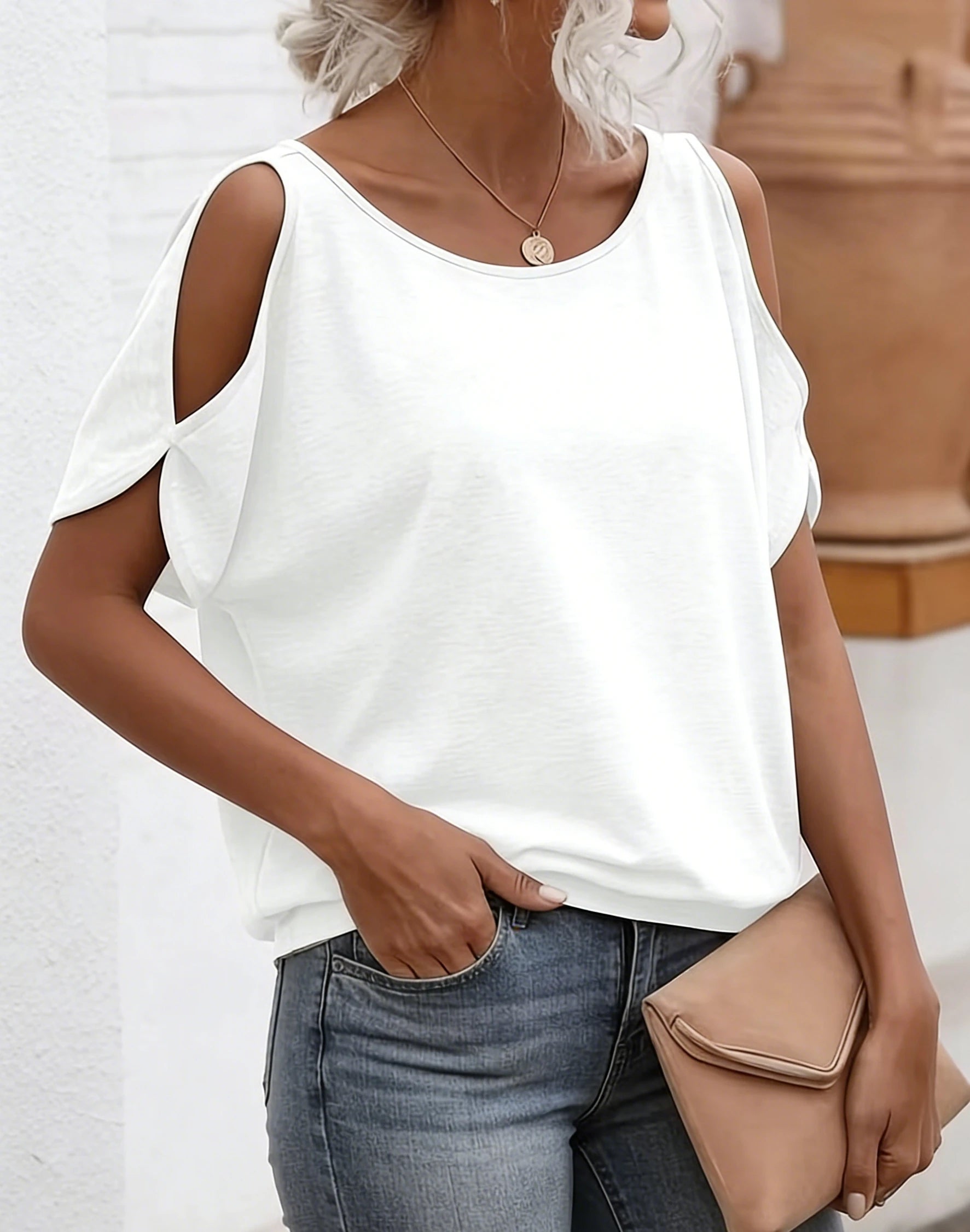 Women's Tee Top Cold Shoulder Short Sleeve Solid Soft Knit Loose Tops Casual Tee Spring Summer Chic Tee Daily Breathable Tops
